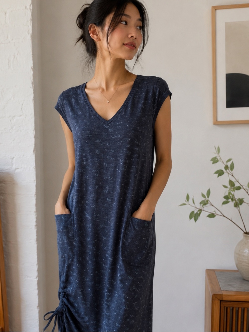 Toad&Co Organic Navy Printed Ruched Pocket Dress | Small | Fits 2–4 V-Neck
